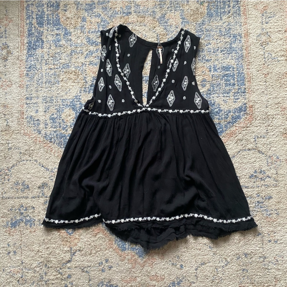 Free People Black and White Embroidered Tunic Tank